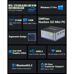 GMKtec G2 Mini PC Windows 11 Pro CPU Alder Lake N100 with 12GB DDR5 and 512GB NVMe Storage